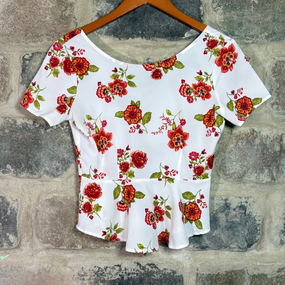 Forever 21 Womens Floral Peplum Top White Red Orange Lace Up Back Short Sleeve S
